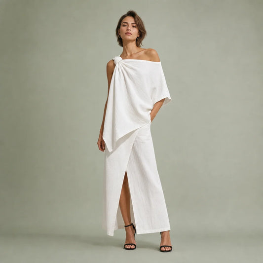 Women's Textured Linen Set | Chic One-Shoulder Knot Detail Resort Outfit 0