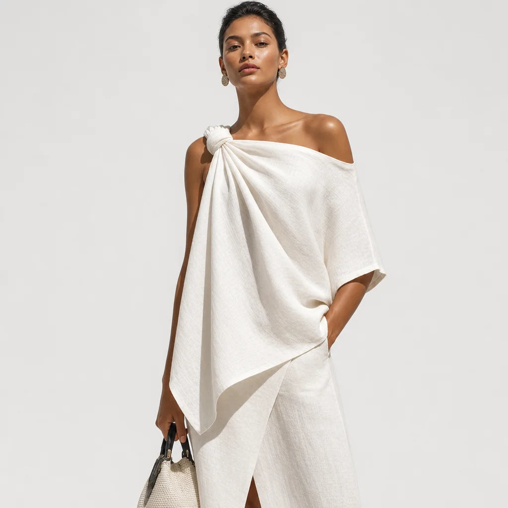 Women's Textured Linen Set | Chic One-Shoulder Knot Detail Resort Outfit 2