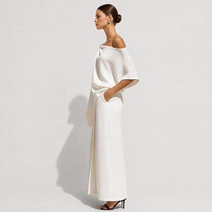 Women's Textured Linen Set | Chic One-Shoulder Knot Detail Resort Outfit 4