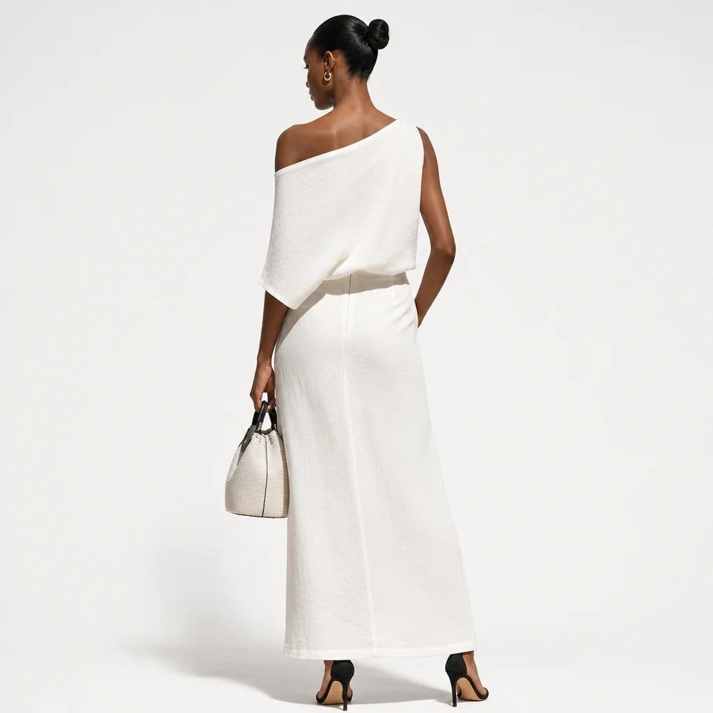 Women's Textured Linen Set | Chic One-Shoulder Knot Detail Resort Outfit 5