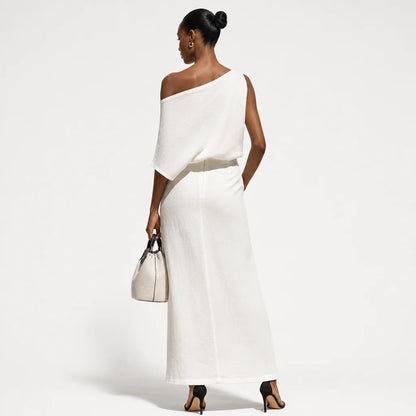 Women's Textured Linen Set | Chic One-Shoulder Knot Detail Resort Outfit 5