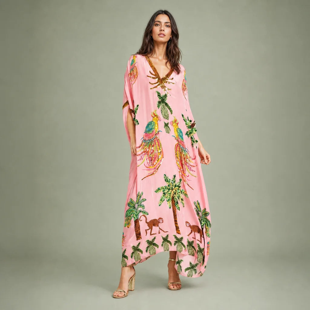 Women's Tropical Cotton Blend Dress | Relaxed Fit Drop Shoulder Summer Dress 0