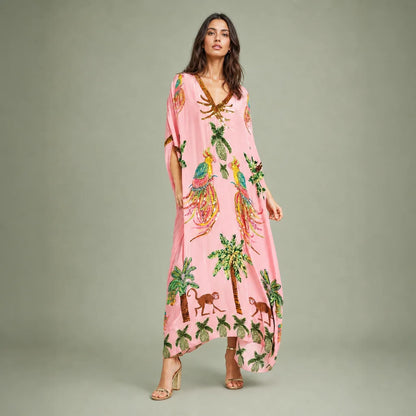 Women's Tropical Cotton Blend Dress | Relaxed Fit Drop Shoulder Summer Dress 0