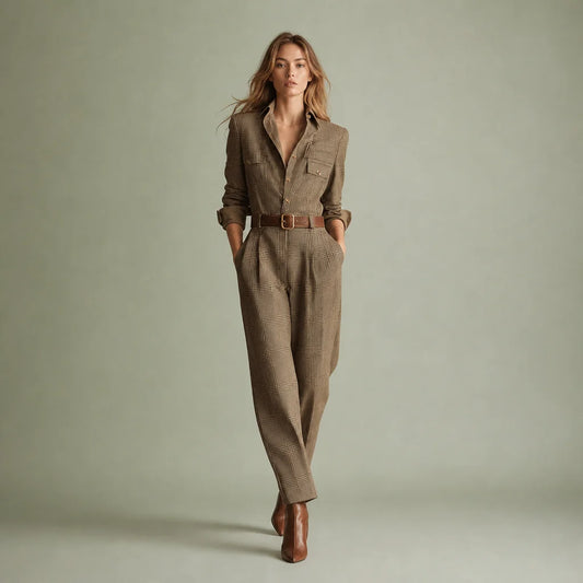 Women's Tweed-Texture Plaid Jumpsuit | Sophisticated Utility Wide Leg Outfit 0