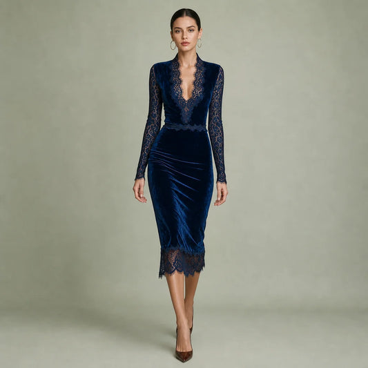 Women's Velvet Midi Dress | Elegant Slim-Fit V-Neck with Lace Trim 0