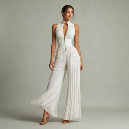 Women's White Chiffon Jumpsuit | Elegant V-Neck Sleeveless Wide-Leg Design 0