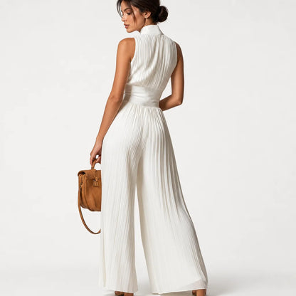 Women's White Chiffon Jumpsuit | Elegant V-Neck Sleeveless Wide-Leg Design 2