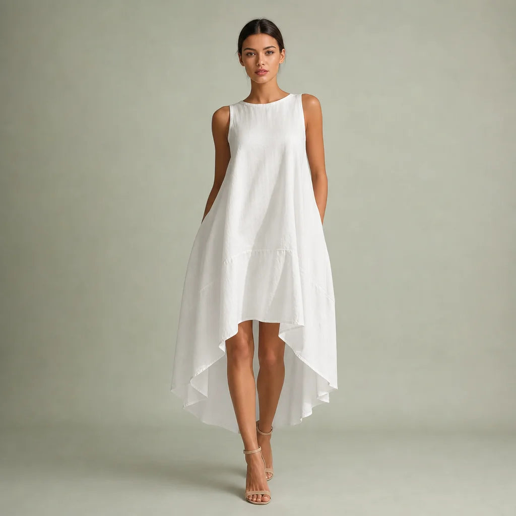 Women's White Linen Midi Dress | Elegant Sleeveless Asymmetric Hem Summer Dress 0