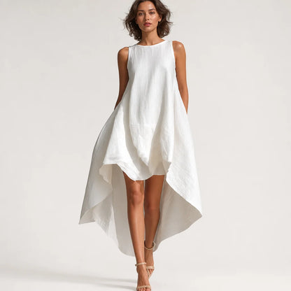 Women's White Linen Midi Dress | Elegant Sleeveless Asymmetric Hem Summer Dress 1