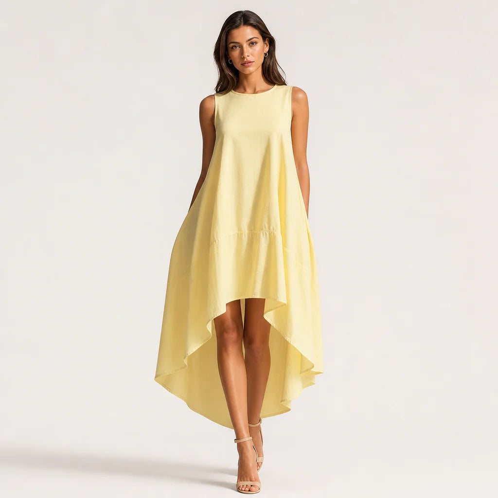Women's White Linen Midi Dress | Elegant Sleeveless Asymmetric Hem Summer Dress 2