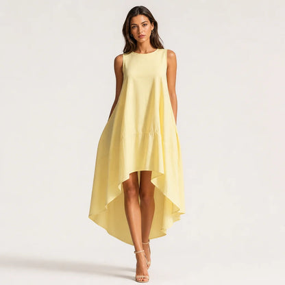 Women's White Linen Midi Dress | Elegant Sleeveless Asymmetric Hem Summer Dress 2