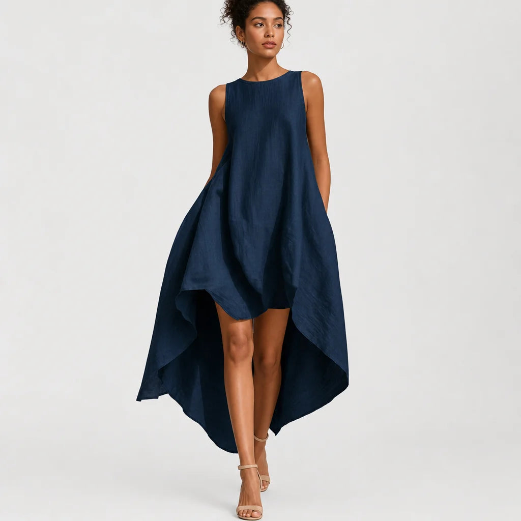 Women's White Linen Midi Dress | Elegant Sleeveless Asymmetric Hem Summer Dress 3