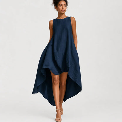 Women's White Linen Midi Dress | Elegant Sleeveless Asymmetric Hem Summer Dress 3
