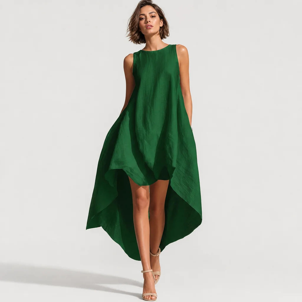 Women's White Linen Midi Dress | Elegant Sleeveless Asymmetric Hem Summer Dress 4