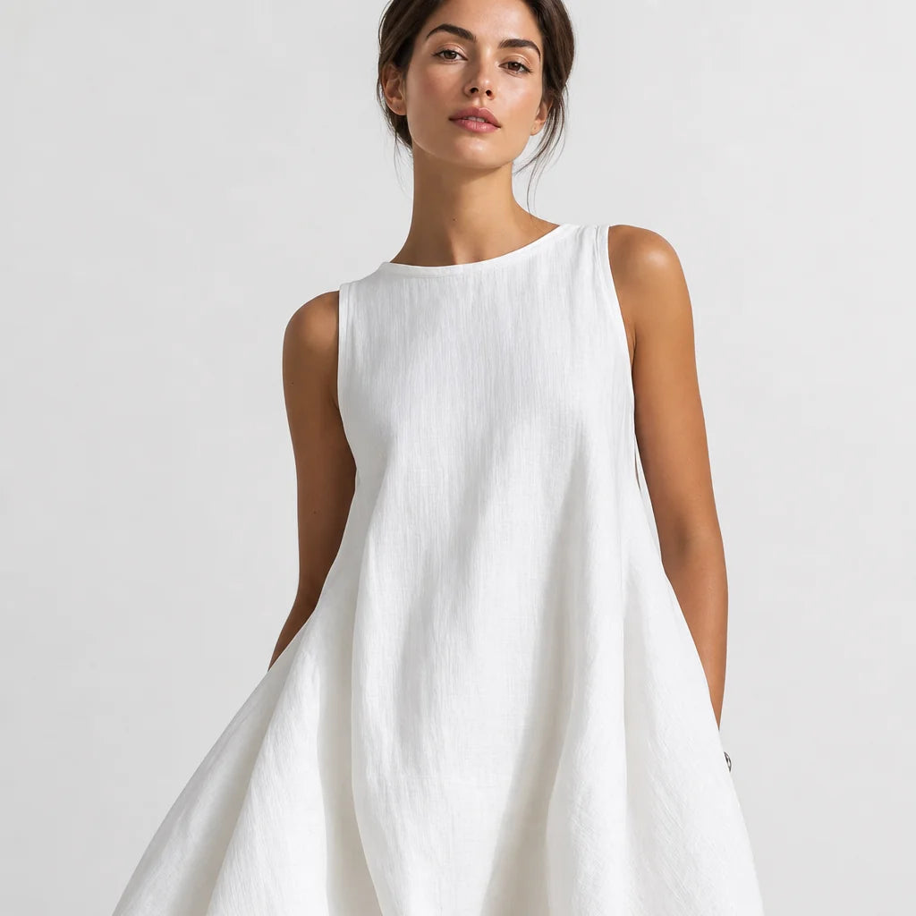 Women's White Linen Midi Dress | Elegant Sleeveless Asymmetric Hem Summer Dress 5