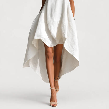Women's White Linen Midi Dress | Elegant Sleeveless Asymmetric Hem Summer Dress 6