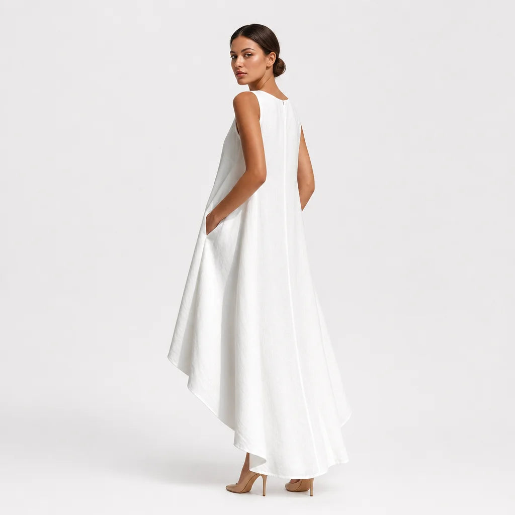 Women's White Linen Midi Dress | Elegant Sleeveless Asymmetric Hem Summer Dress 7