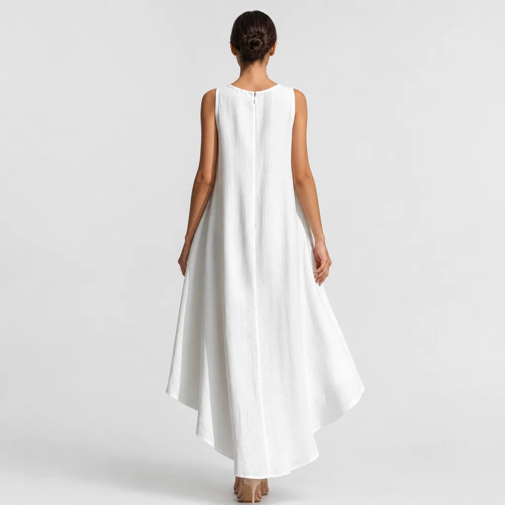 Women's White Linen Midi Dress | Elegant Sleeveless Asymmetric Hem Summer Dress 8