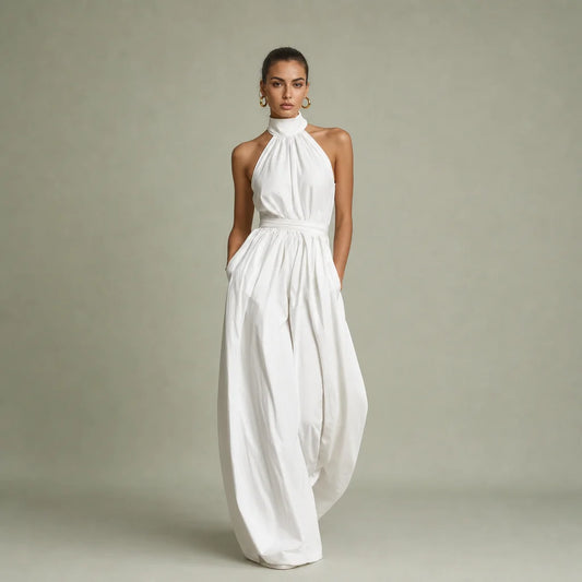 Women's Woven Black Jumpsuit | Elegant Sleeveless Halter Neck Design 0
