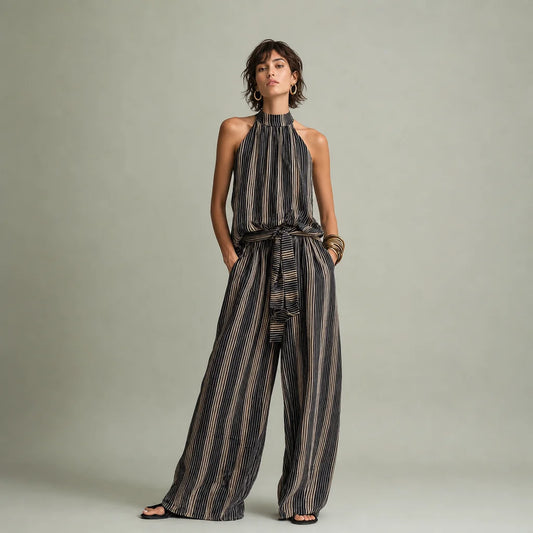 Women's Woven Striped Trousers Set | Elegant Sleeveless Top with Classic Neckline 0