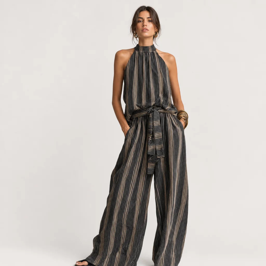 Women's Woven Striped Trousers Set | Elegant Sleeveless Top with Classic Neckline 1