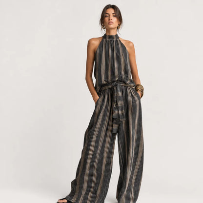 Women's Woven Striped Trousers Set | Elegant Sleeveless Top with Classic Neckline 1