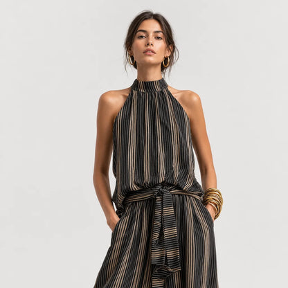 Women's Woven Striped Trousers Set | Elegant Sleeveless Top with Classic Neckline 2