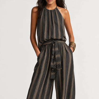 Women's Woven Striped Trousers Set | Elegant Sleeveless Top with Classic Neckline 3