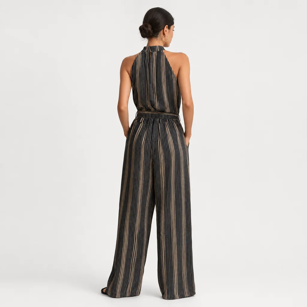 Women's Woven Striped Trousers Set | Elegant Sleeveless Top with Classic Neckline 4